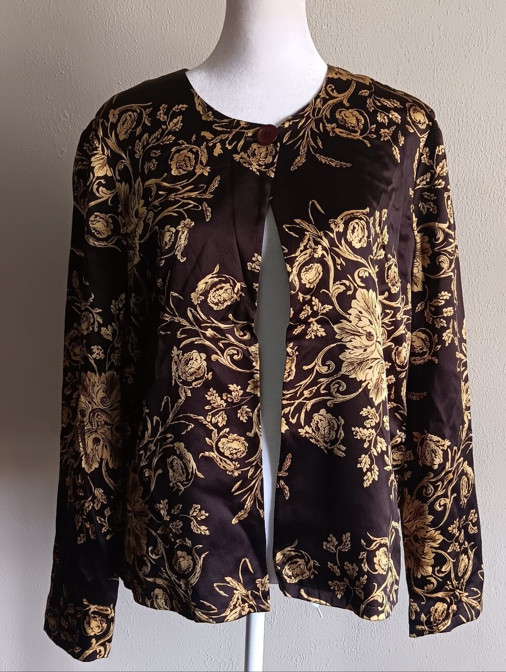 100% Silk Via Seta Studio Single Button Open Lightweight Brown & Gold Jacket, 10